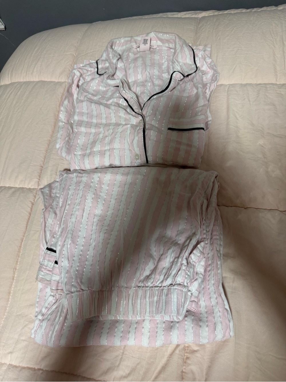 Victoria Secret Pink, White and Silver Stripe Pajama Set with Black Trim